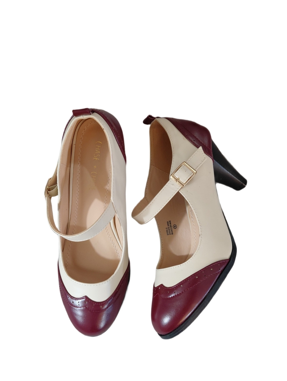 Chase + Chloe Cream and Burgundy Mary Jane Heels